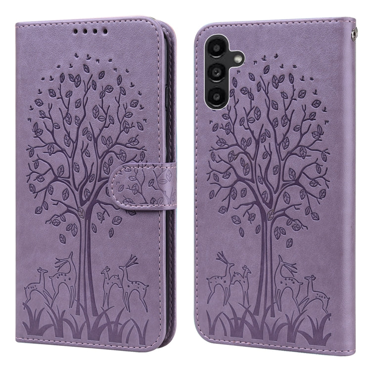 Custodia per telefono in pelle a vibrazione orizzontale con stampa pressata con motivo ad albero e cervo, For Samsung Galaxy S23 5G, For Samsung Galaxy S23+ 5G, For Samsung Galaxy S23 Ultra 5G, For Samsung Galaxy A14 5G