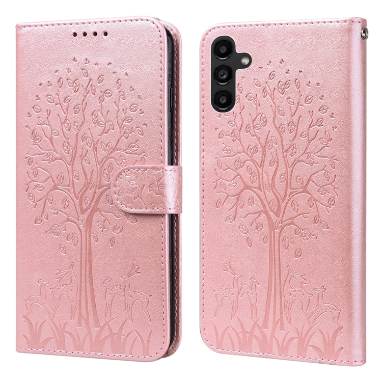 Custodia per telefono in pelle a vibrazione orizzontale con stampa pressata con motivo ad albero e cervo, For Samsung Galaxy S23 5G, For Samsung Galaxy S23+ 5G, For Samsung Galaxy S23 Ultra 5G, For Samsung Galaxy A14 5G
