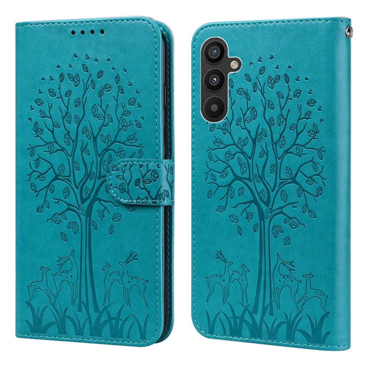 Custodia per telefono in pelle a vibrazione orizzontale con stampa pressata con motivo ad albero e cervo, For Samsung Galaxy A34 5G, For Samsung Galaxy A54 5G