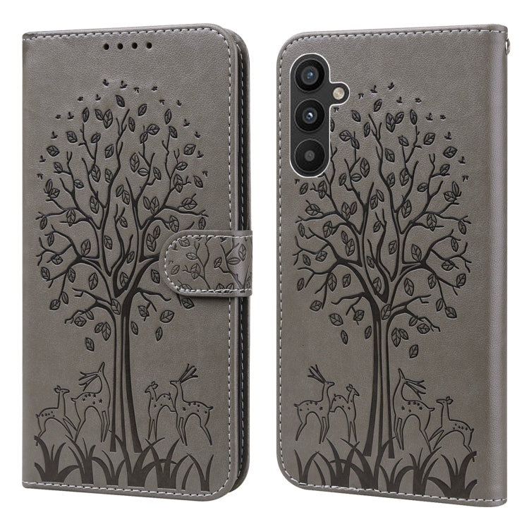 Custodia per telefono in pelle a vibrazione orizzontale con stampa pressata con motivo ad albero e cervo, For Samsung Galaxy A34 5G, For Samsung Galaxy A54 5G