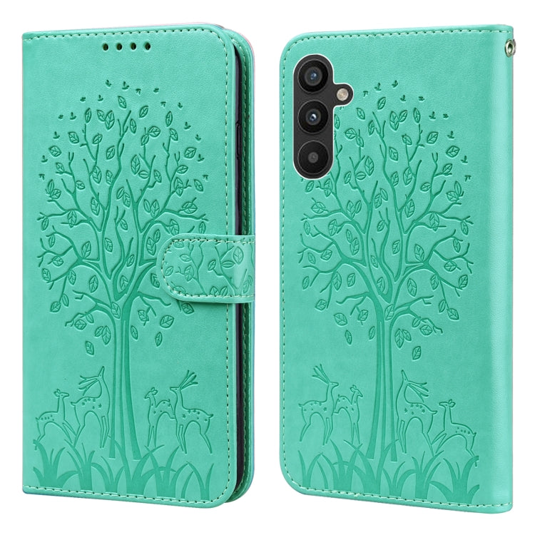 Custodia per telefono in pelle a vibrazione orizzontale con stampa pressata con motivo ad albero e cervo, For Samsung Galaxy A34 5G, For Samsung Galaxy A54 5G