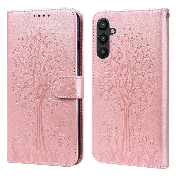 Custodia per telefono in pelle a vibrazione orizzontale con stampa pressata con motivo ad albero e cervo, For Samsung Galaxy A34 5G, For Samsung Galaxy A54 5G