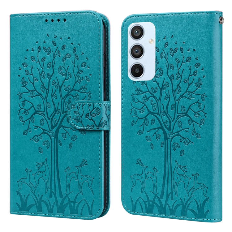 Custodia per telefono in pelle a vibrazione orizzontale con stampa pressata con motivo ad albero e cervo, For Samsung Galaxy A34 5G, For Samsung Galaxy A54 5G