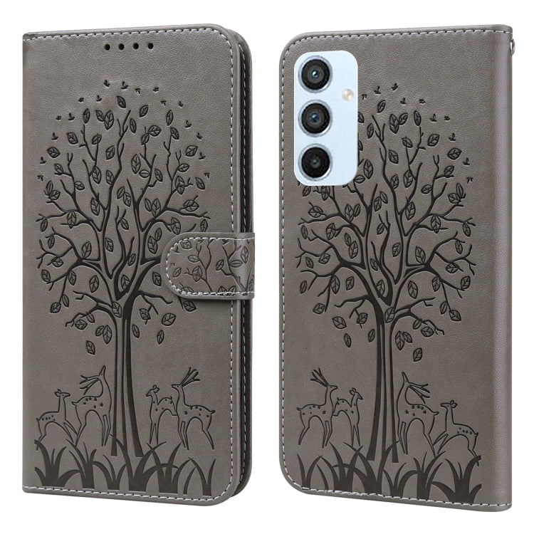 Custodia per telefono in pelle a vibrazione orizzontale con stampa pressata con motivo ad albero e cervo, For Samsung Galaxy A34 5G, For Samsung Galaxy A54 5G