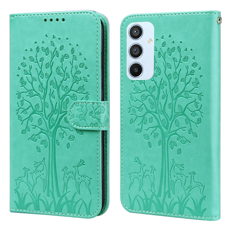 Custodia per telefono in pelle a vibrazione orizzontale con stampa pressata con motivo ad albero e cervo, For Samsung Galaxy A34 5G, For Samsung Galaxy A54 5G