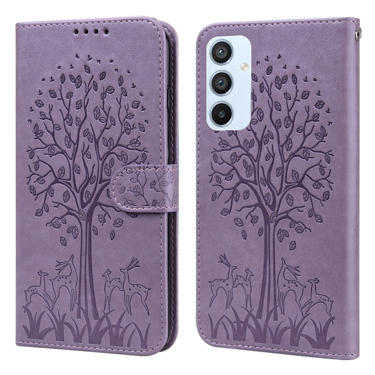 Custodia per telefono in pelle a vibrazione orizzontale con stampa pressata con motivo ad albero e cervo, For Samsung Galaxy A34 5G, For Samsung Galaxy A54 5G