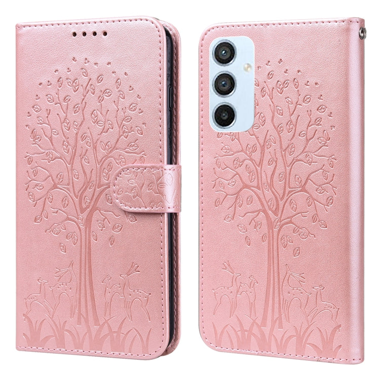 Custodia per telefono in pelle a vibrazione orizzontale con stampa pressata con motivo ad albero e cervo, For Samsung Galaxy A34 5G, For Samsung Galaxy A54 5G