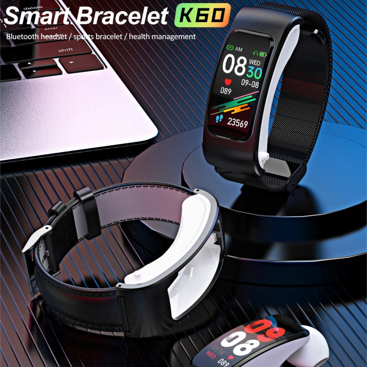 K60 1.08 pollici cinturino in pelle auricolare vita staccabile impermeabile Smart Watch supporto chiamata Bluetooth, Leather Band (Black Silver), Leather Band (Brown), Leather Band (Black), Leather Band (Brown Silver)
