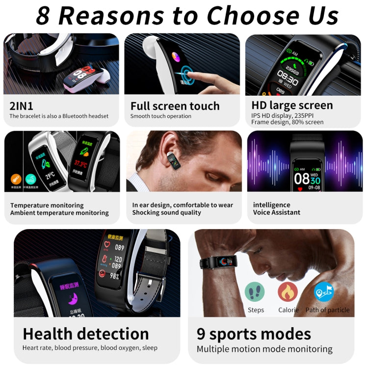 K60 1.08 pollici cinturino in pelle auricolare vita staccabile impermeabile Smart Watch supporto chiamata Bluetooth, Leather Band (Black Silver), Leather Band (Brown), Leather Band (Black), Leather Band (Brown Silver)