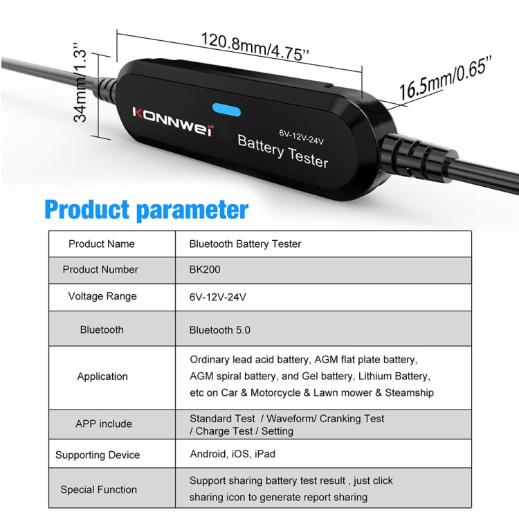 KONNWEI BK200 6V/12V/24V Tester batteria per auto Bluetooth