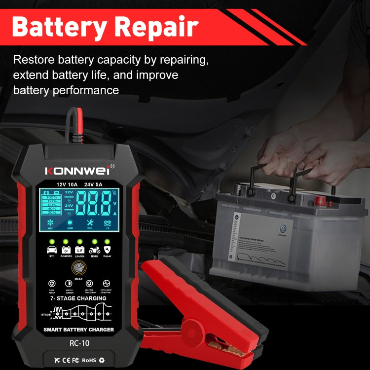 KONNWEI CR-10 2.4 pollici caricabatteria per auto strumento di riparazione impulso batteria, EU Plug, US Plug, UK Plug