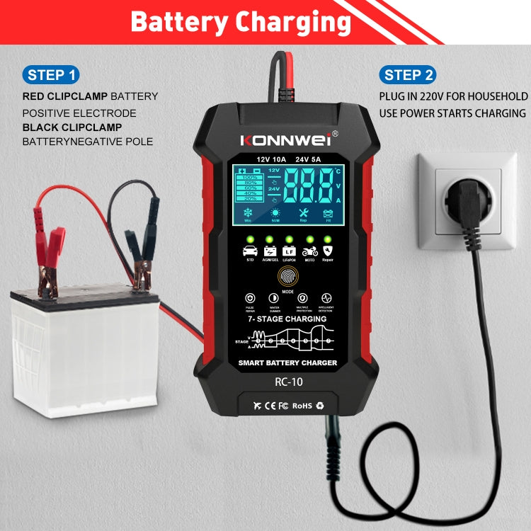 KONNWEI CR-10 2.4 pollici caricabatteria per auto strumento di riparazione impulso batteria, EU Plug, US Plug, UK Plug