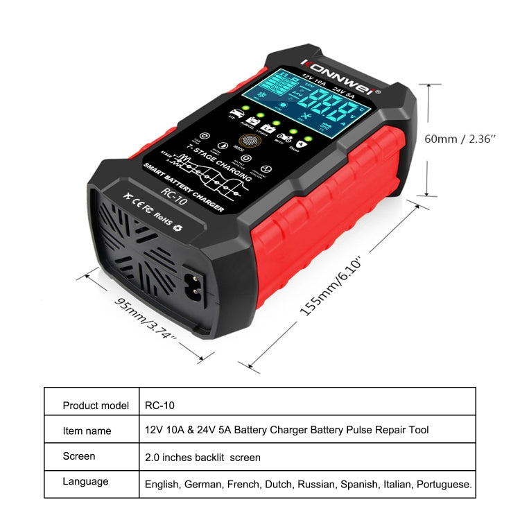 KONNWEI CR-10 2.4 pollici caricabatteria per auto strumento di riparazione impulso batteria, EU Plug, US Plug, UK Plug