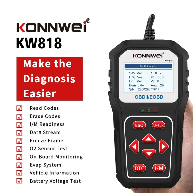 KONNWE KW818 Strumenti diagnostici per rilevatore di guasti Bluetooth per auto OBD2, KW818