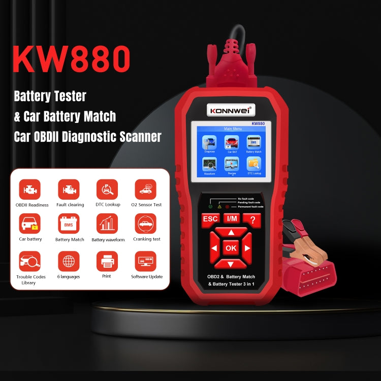 KONNWEI KW880 3 in 1 Diagnosi guasti OBD2 per auto + Tester batteria + Ripristino corrispondenza batteria, BK880