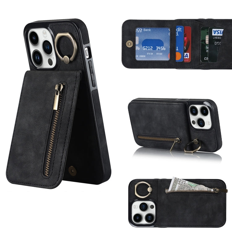 Anello retrò e custodia per telefono con slot per schede RFID con cerniera, For iPhone 12 Pro, For iPhone 12 Pro Max, For iPhone 11, For iPhone 11 Pro