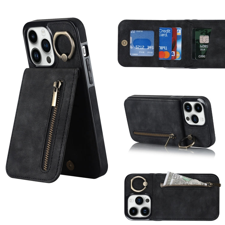 Anello retrò e custodia per telefono con slot per schede RFID con cerniera, For iPhone 12 Pro, For iPhone 12 Pro Max, For iPhone 11, For iPhone 11 Pro