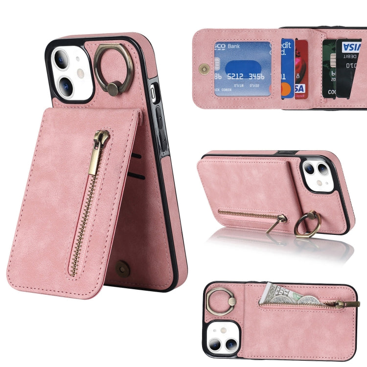 Anello retrò e custodia per telefono con slot per schede RFID con cerniera, For iPhone 12 Pro, For iPhone 12 Pro Max, For iPhone 11, For iPhone 11 Pro