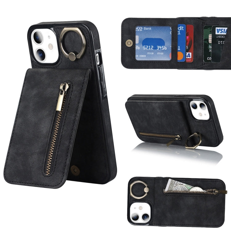 Anello retrò e custodia per telefono con slot per schede RFID con cerniera, For iPhone 12 Pro, For iPhone 12 Pro Max, For iPhone 11, For iPhone 11 Pro