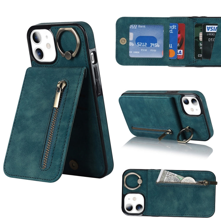 Anello retrò e custodia per telefono con slot per schede RFID con cerniera, For iPhone 12 Pro, For iPhone 12 Pro Max, For iPhone 11, For iPhone 11 Pro