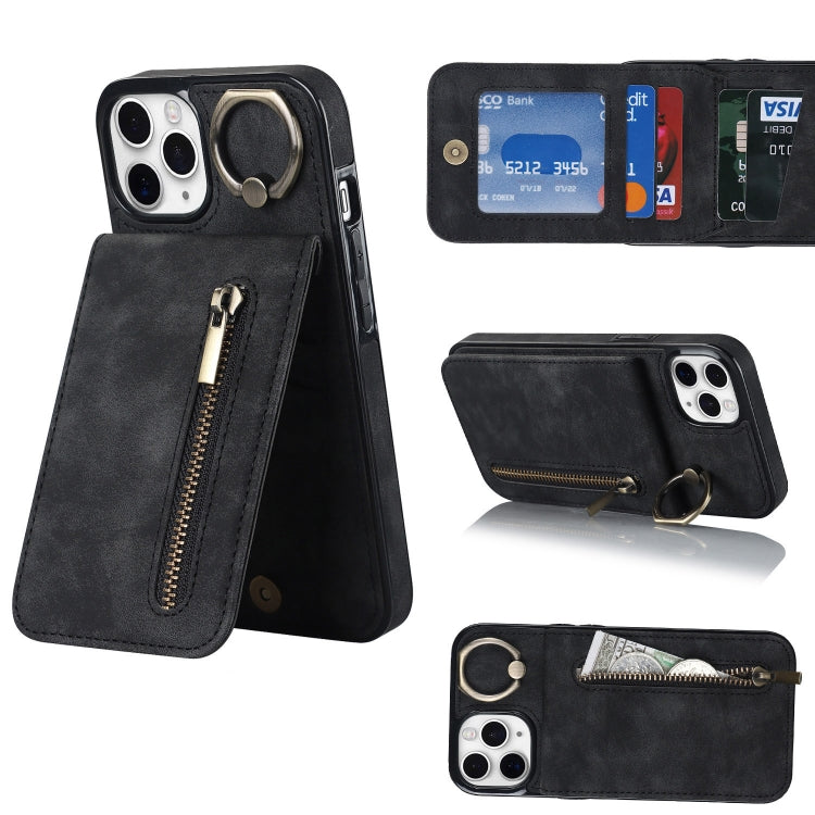 Anello retrò e custodia per telefono con slot per schede RFID con cerniera, For iPhone 12 Pro, For iPhone 12 Pro Max, For iPhone 11, For iPhone 11 Pro
