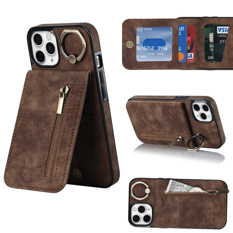 Anello retrò e custodia per telefono con slot per schede RFID con cerniera, For iPhone 12 Pro, For iPhone 12 Pro Max, For iPhone 11, For iPhone 11 Pro