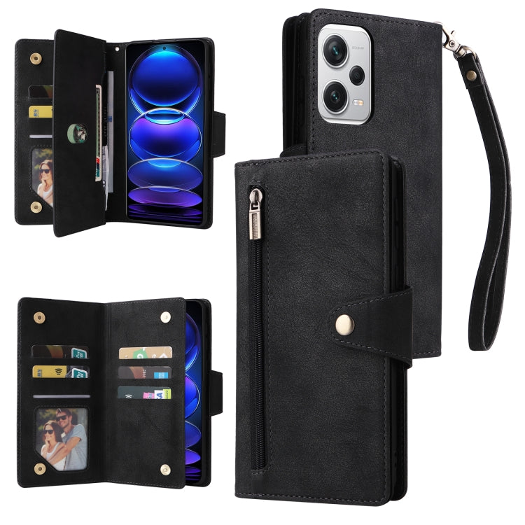 Rivetto Fibbia 9 carte Custodia per telefono in pelle a tre pieghe, For Xiaomi Redmi Note 12 Explorer / Note 12 Pro+ Global