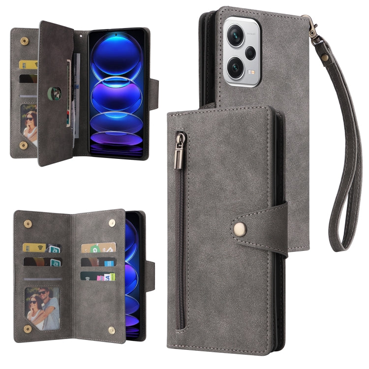 Rivetto Fibbia 9 carte Custodia per telefono in pelle a tre pieghe, For Xiaomi Redmi Note 12 Explorer / Note 12 Pro+ Global