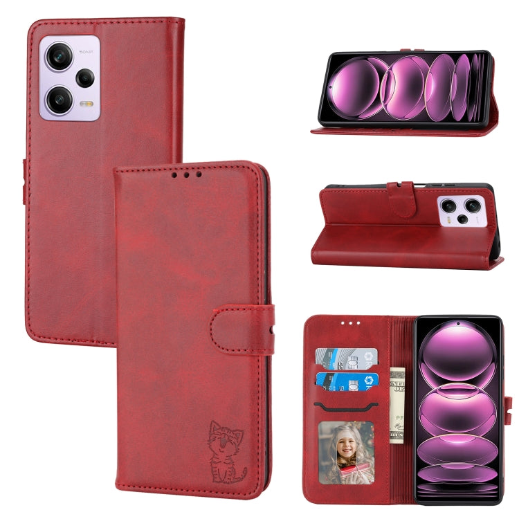 Custodia per telefono in pelle a conchiglia con motivo Happy Cat goffrato, For Xiaomi Redmi Note 12 5G Global, For Xiaomi Redmi Note 12 Pro 5G Global, For Xiaomi Redmi Note 12 Pro+ 5G Global, For Xiaomi 12T/12T Pro/Redmi K50 Ultra