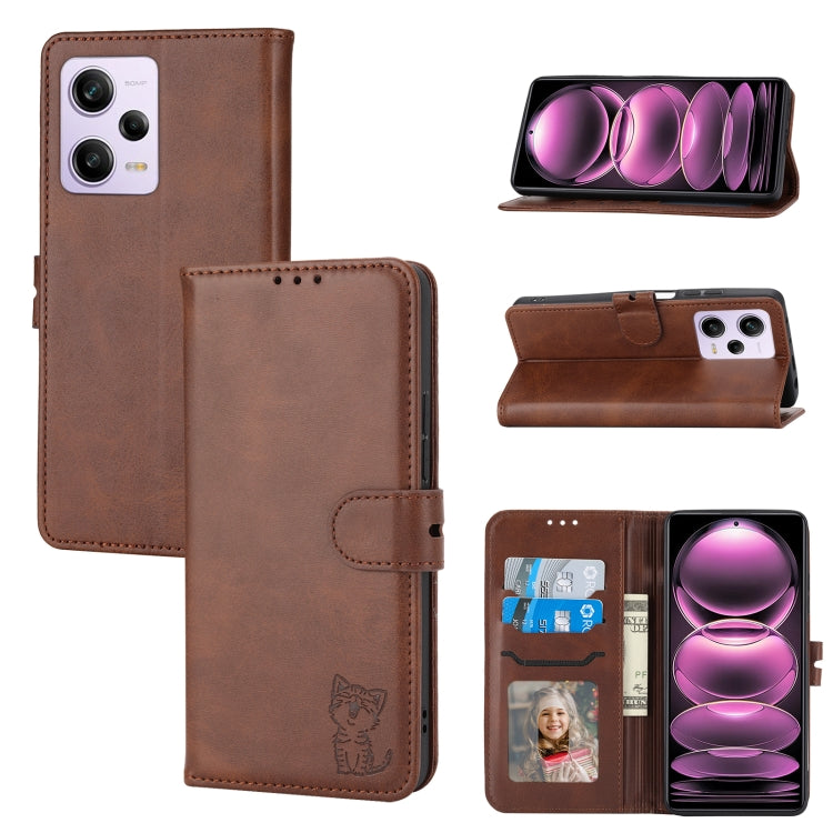 Custodia per telefono in pelle a conchiglia con motivo Happy Cat goffrato, For Xiaomi Redmi Note 12 5G Global, For Xiaomi Redmi Note 12 Pro 5G Global, For Xiaomi Redmi Note 12 Pro+ 5G Global, For Xiaomi 12T/12T Pro/Redmi K50 Ultra