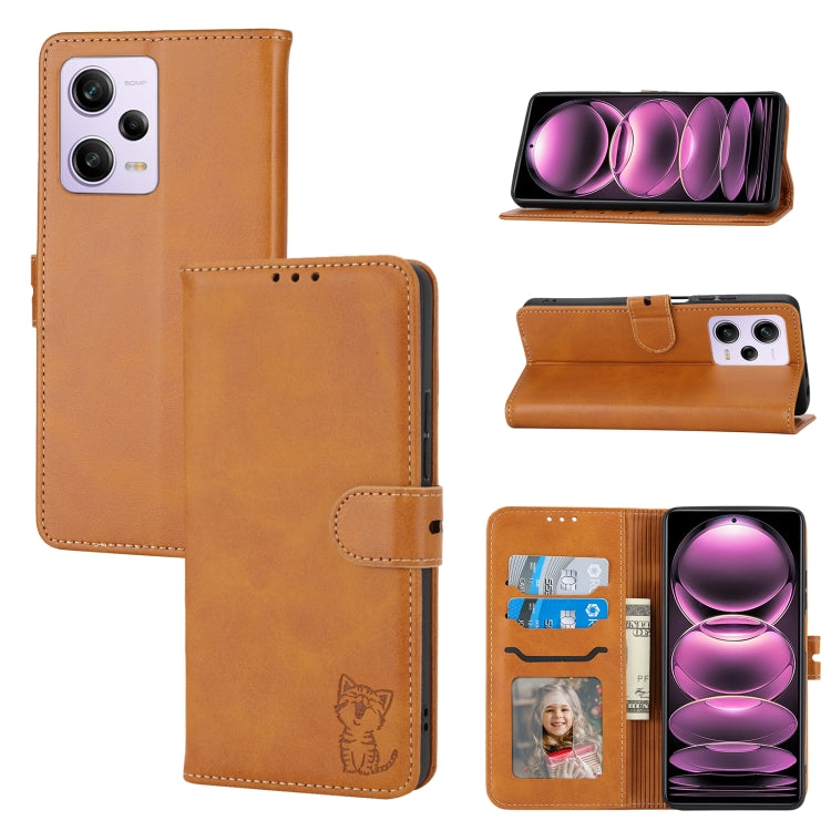 Custodia per telefono in pelle a conchiglia con motivo Happy Cat goffrato, For Xiaomi Redmi Note 12 5G Global, For Xiaomi Redmi Note 12 Pro 5G Global, For Xiaomi Redmi Note 12 Pro+ 5G Global, For Xiaomi 12T/12T Pro/Redmi K50 Ultra