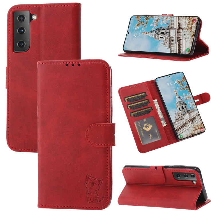 Custodia per telefono in pelle a conchiglia con motivo Happy Cat goffrato, For Samsung Galaxy A54 5G, For Samsung Galaxy A34 5G, For Samsung Galaxy S23 5G, For Samsung Galaxy S23+ 5G