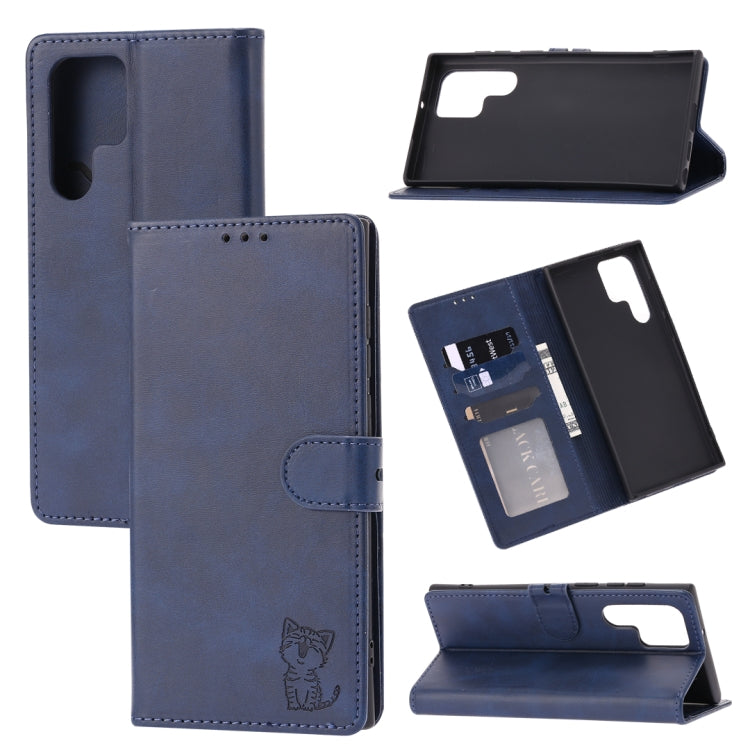 Custodia per telefono in pelle a conchiglia con motivo Happy Cat goffrato, For Samsung Galaxy S23 Ultra 5G, For Google Pixel 7a, For Sony Xperia 5 IV