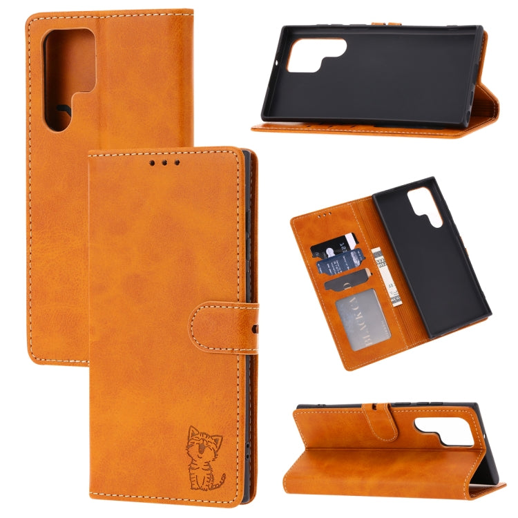 Custodia per telefono in pelle a conchiglia con motivo Happy Cat goffrato, For Samsung Galaxy S23 Ultra 5G, For Google Pixel 7a, For Sony Xperia 5 IV
