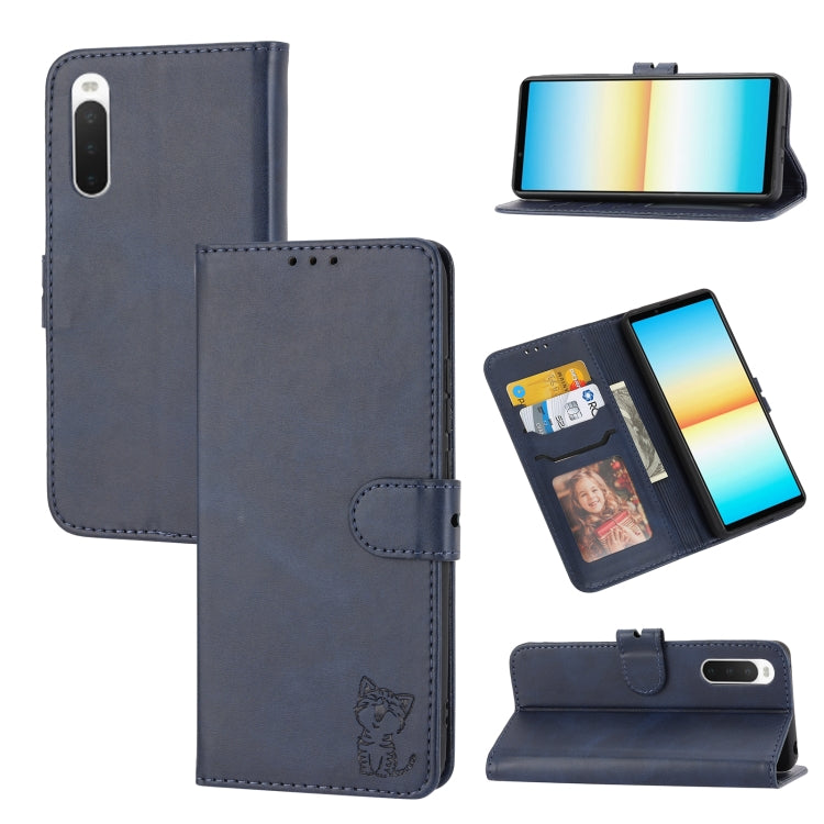 Custodia per telefono in pelle a conchiglia con motivo Happy Cat goffrato, For Samsung Galaxy S23 Ultra 5G, For Google Pixel 7a, For Sony Xperia 5 IV