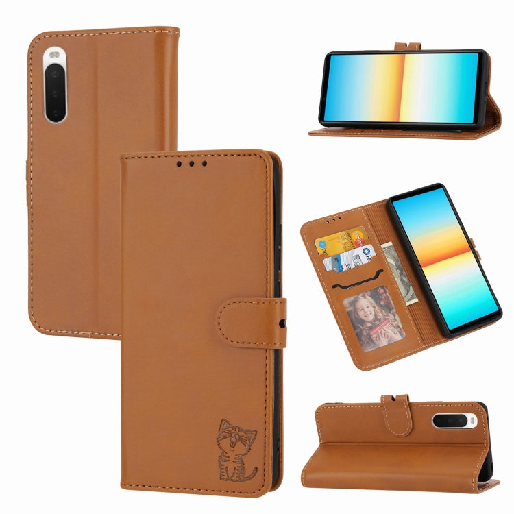 Custodia per telefono in pelle a conchiglia con motivo Happy Cat goffrato, For Samsung Galaxy S23 Ultra 5G, For Google Pixel 7a, For Sony Xperia 5 IV