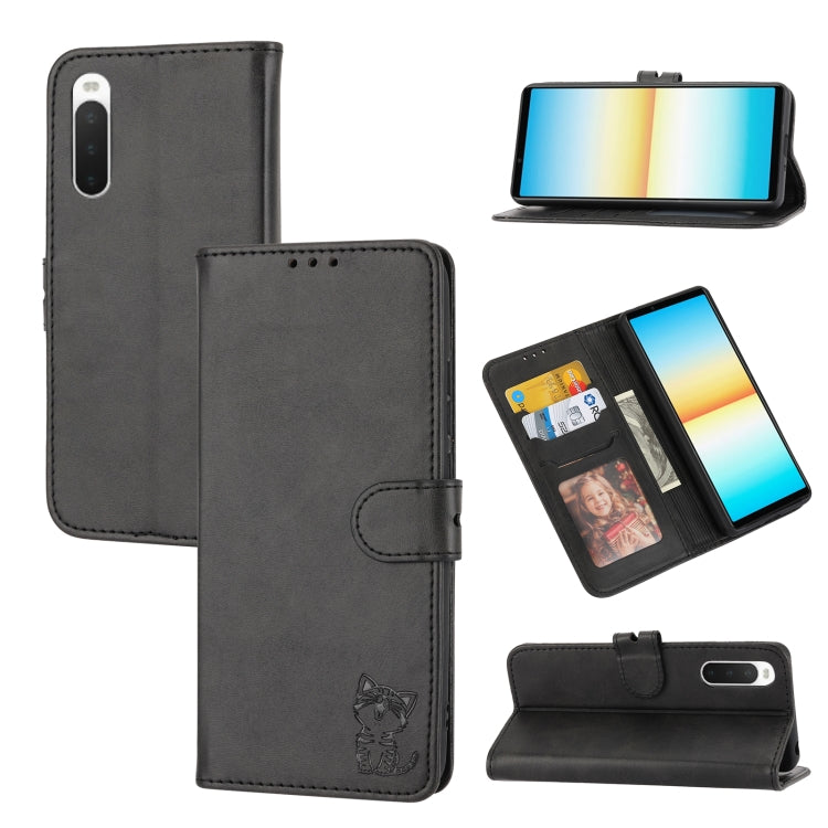 Custodia per telefono in pelle a conchiglia con motivo Happy Cat goffrato, For Samsung Galaxy S23 Ultra 5G, For Google Pixel 7a, For Sony Xperia 5 IV