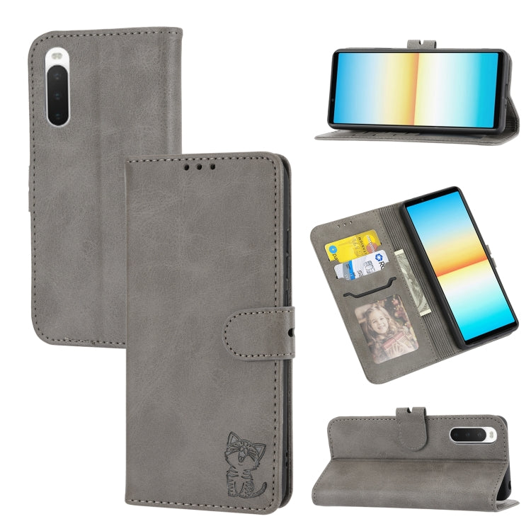 Custodia per telefono in pelle a conchiglia con motivo Happy Cat goffrato, For Samsung Galaxy S23 Ultra 5G, For Google Pixel 7a, For Sony Xperia 5 IV