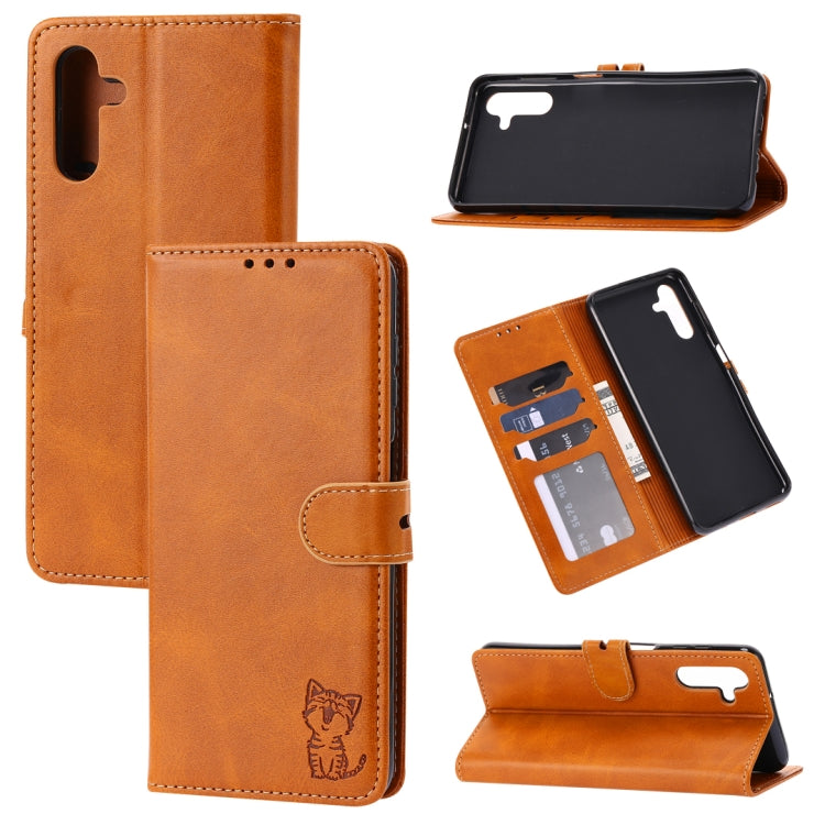 Custodia per telefono in pelle a conchiglia con motivo Happy Cat goffrato, For Xiaomi Redmi 12C, For Samsung Galaxy A24 4G