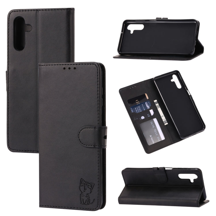 Custodia per telefono in pelle a conchiglia con motivo Happy Cat goffrato, For Xiaomi Redmi 12C, For Samsung Galaxy A24 4G