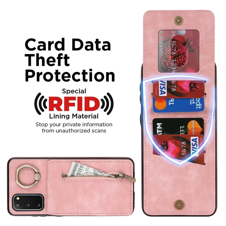 Anello retrò e custodia per telefono con slot per schede RFID con cerniera, For Samsung Galaxy S20, For Samsung Galaxy S20+, For Samsung Galaxy S20 Ultra, For Samsung Galaxy S20 FE