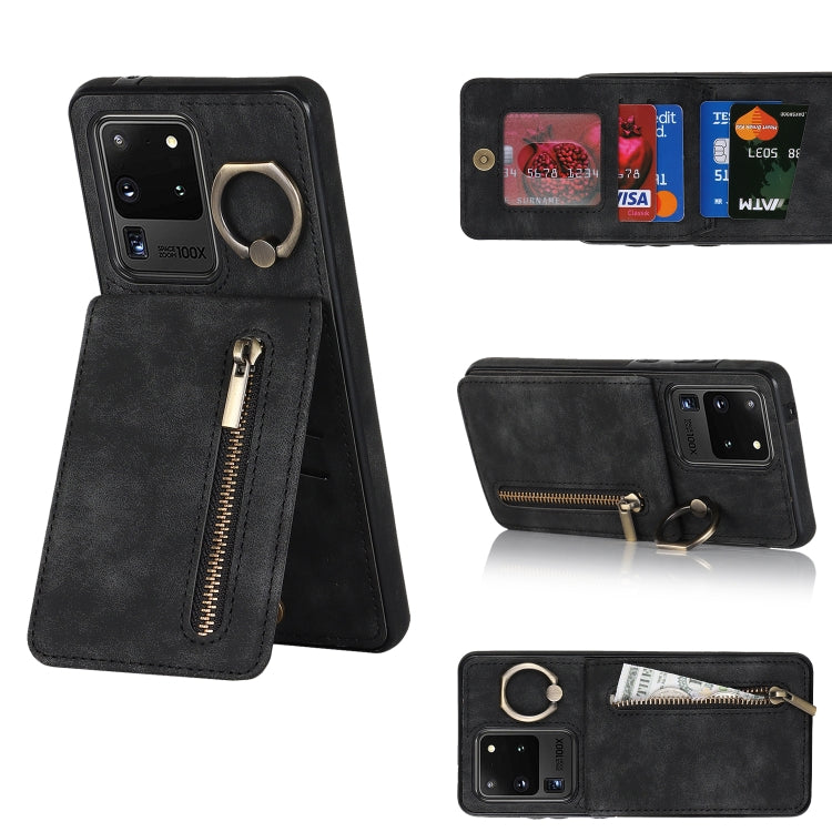 Anello retrò e custodia per telefono con slot per schede RFID con cerniera, For Samsung Galaxy S20, For Samsung Galaxy S20+, For Samsung Galaxy S20 Ultra, For Samsung Galaxy S20 FE
