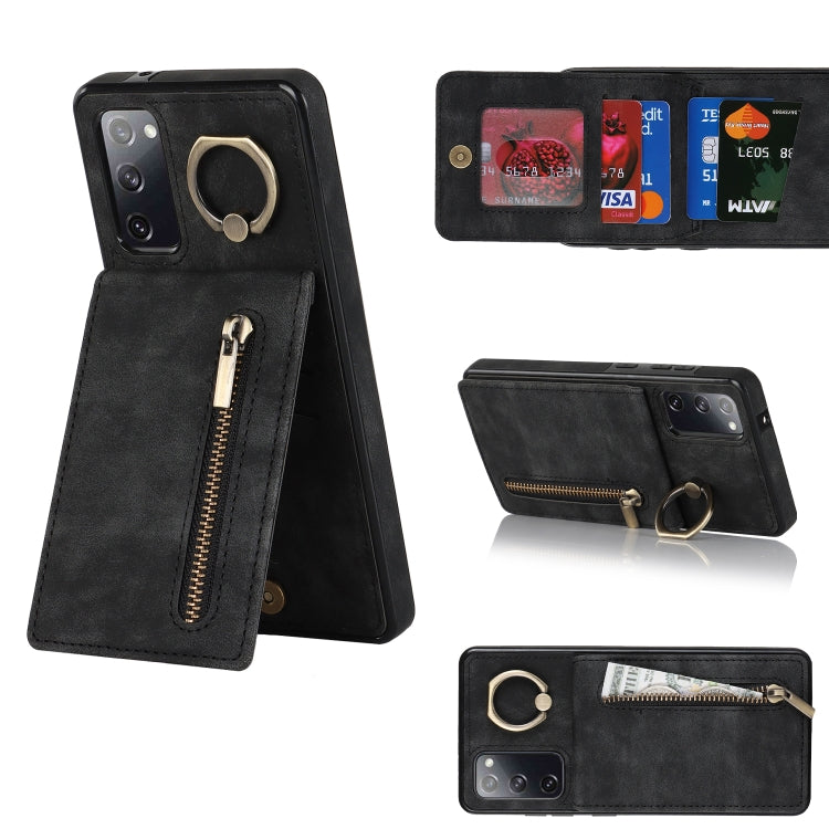 Anello retrò e custodia per telefono con slot per schede RFID con cerniera, For Samsung Galaxy S20, For Samsung Galaxy S20+, For Samsung Galaxy S20 Ultra, For Samsung Galaxy S20 FE