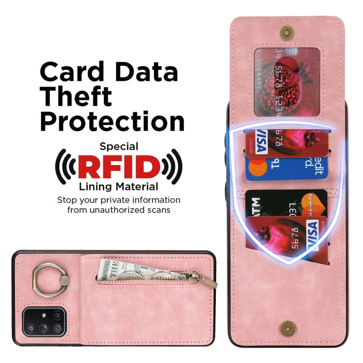 Anello retrò e custodia per telefono con slot per schede RFID con cerniera, For Samsung Galaxy A71 5G