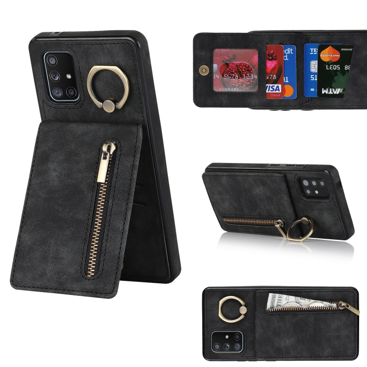 Anello retrò e custodia per telefono con slot per schede RFID con cerniera, For Samsung Galaxy A71 5G