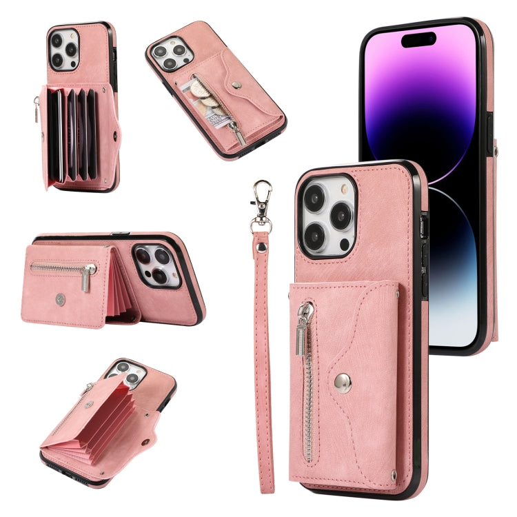 Custodia per telefono con slot per schede RFID con cerniera e cordino corto, For iPhone 13 mini, For iPhone 13, For iPhone 13 Pro, For iPhone 13 Pro Max