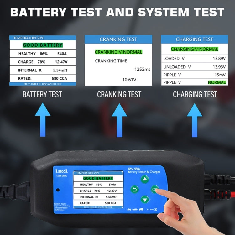 CAT-280 Caricabatteria per auto 2 in 1 e tester per batteria con schermo a colori, EU Plug