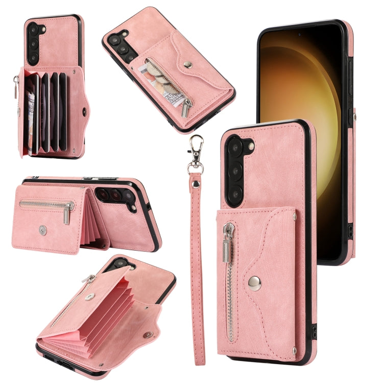 Custodia per telefono con slot per schede RFID con cerniera e cordino corto, For Samsung Galaxy S23 5G, For Samsung Galaxy S23+ 5G, For Samsung Galaxy S23 Ultra 5G, For Samsung Galaxy S22 5G
