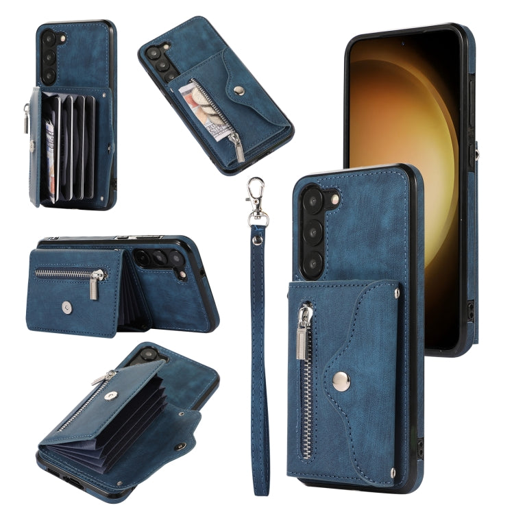 Custodia per telefono con slot per schede RFID con cerniera e cordino corto, For Samsung Galaxy S23 5G, For Samsung Galaxy S23+ 5G, For Samsung Galaxy S23 Ultra 5G, For Samsung Galaxy S22 5G