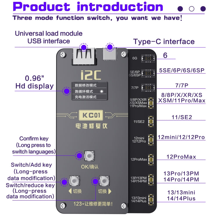 i2C KC01 Multifunctional Complete Battery Repair Tool for iPhone 6-14 Pro Max, Standard Version